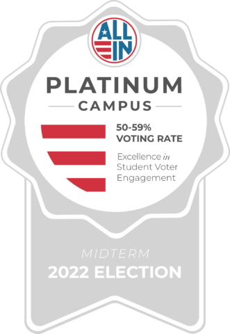 A seal indicating that UM-Flint is a Platinum Campus with a student voting rate of 50-59%.