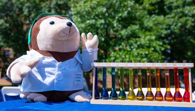 A plushie mole placed next to different colored beakers.