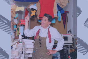 A photo of artist Phranc in a workshop