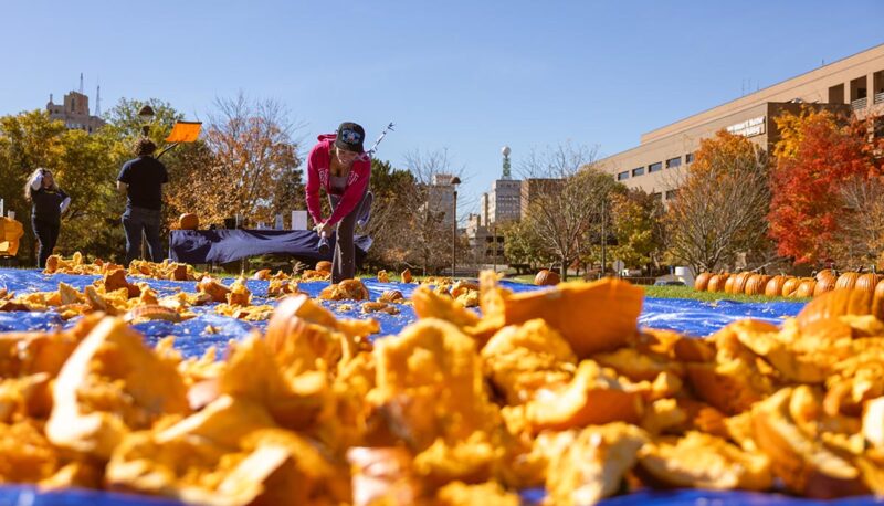 A tarp filled with smashed pumpkins.