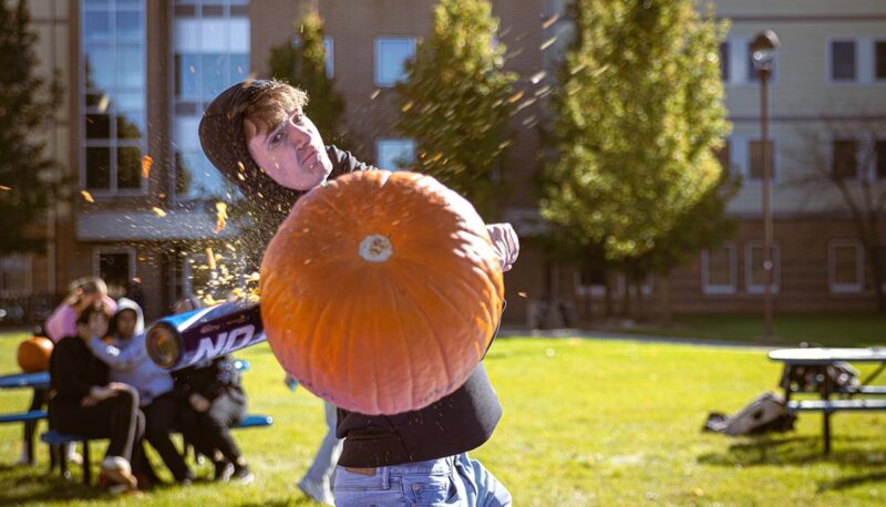 A student smashing pumpkins with a baseball bat.