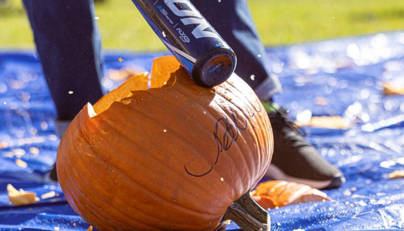 A close up of a pumpkin being smashed with a baseball bat.