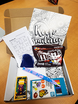 A box of arts, crafts, and candy created by UM-Flint psychology interns that kids took home with them from camp