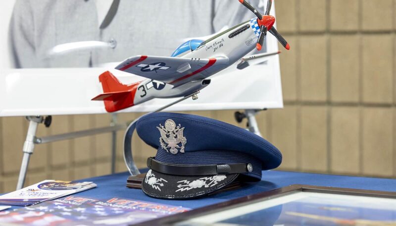 An air force cap with a model airplane