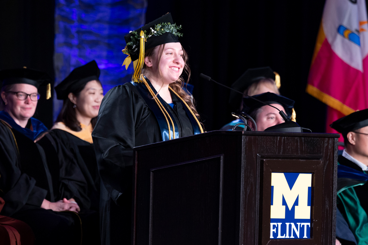 Student speaker Heather Orr addresses graduates during UM-Flint's commencement ceremonies.