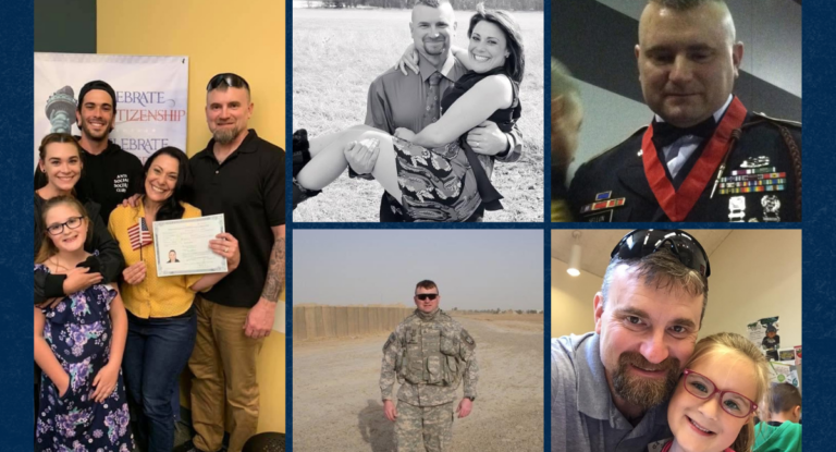 A photo collage of a man in the US army and his family