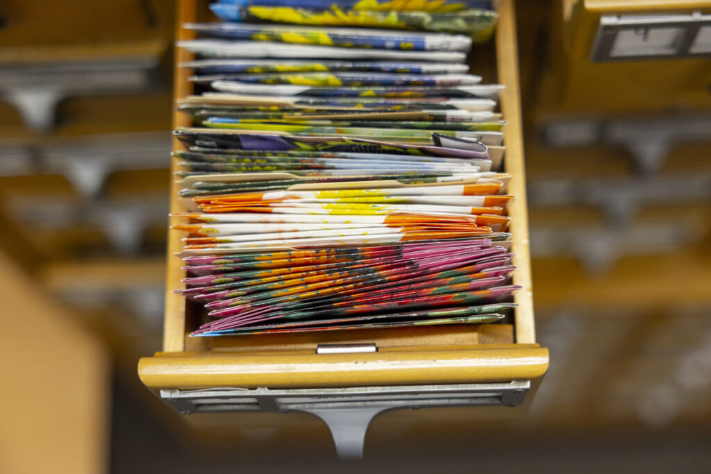 A small library catalog drawer filled with seed packets. 