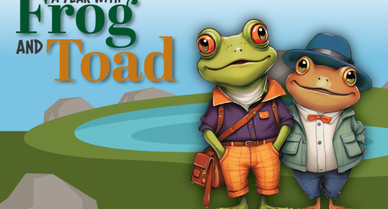 A graphic featuring cartoons of frog and toad with a pond and hills in the background