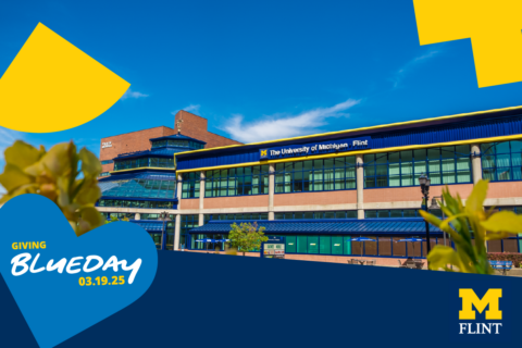 A view of the University Pavilion from Saginaw Street with geometric maize and blue graphics overlaid. There is a heart with "Giving Blueday 03.19.2025" text inside of it.