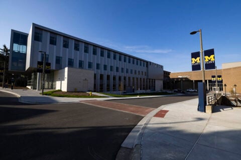 A view of the MSB Expansion and drive into the UM-Flint campus from Mill St.