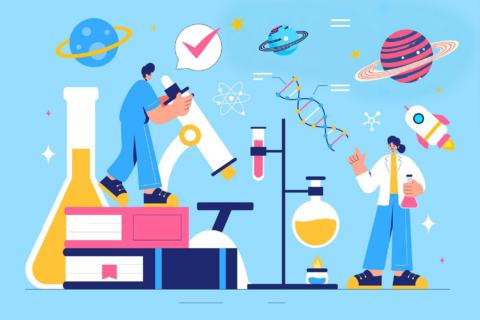 A digitally illustrated scene of cartoon people looking through giant microscopes and using beakers.