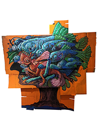 A vibrant painting of fish superimposed on a tree with an orange background