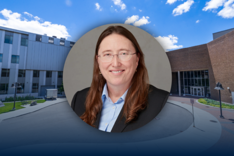 A headshot of Abby Parrill overlaid with a campus beauty shot of Circle Drive