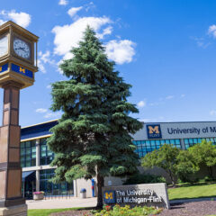 A view of the UM-Flint clock and University Pavilion