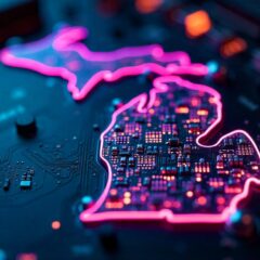 A digital graphic of the outline of the state of Michigan incorporated into a motherboard.