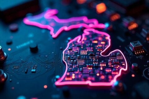A digital graphic of the outline of the state of Michigan incorporated into a motherboard.