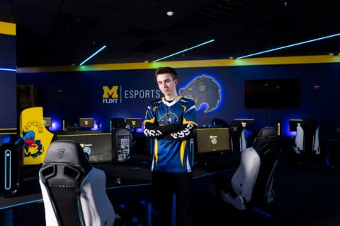 Program manager Luke Rimarcik poses in the UM-Flint Esports Gaming Lab.