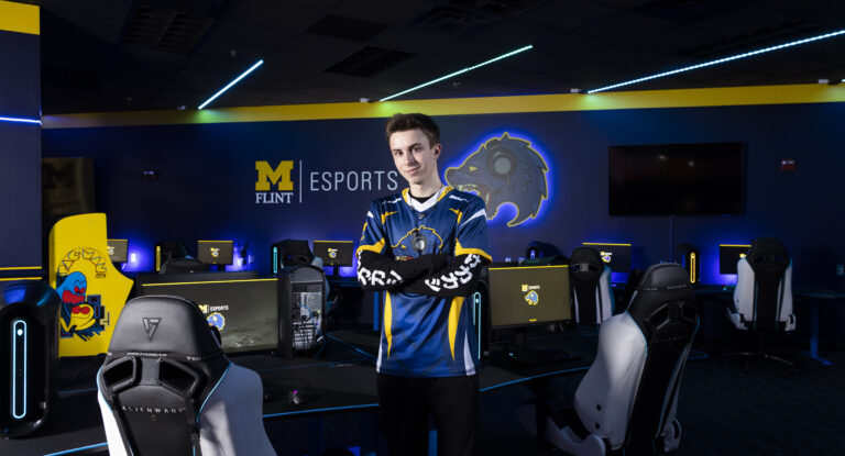 Program manager Luke Rimarcik poses in the UM-Flint Esports Gaming Lab.
