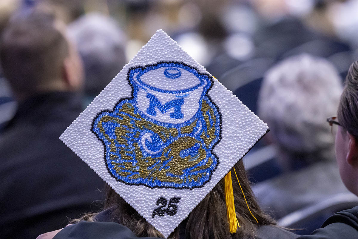 A decorated graduation cap with the michigan Wolverine mascot.
