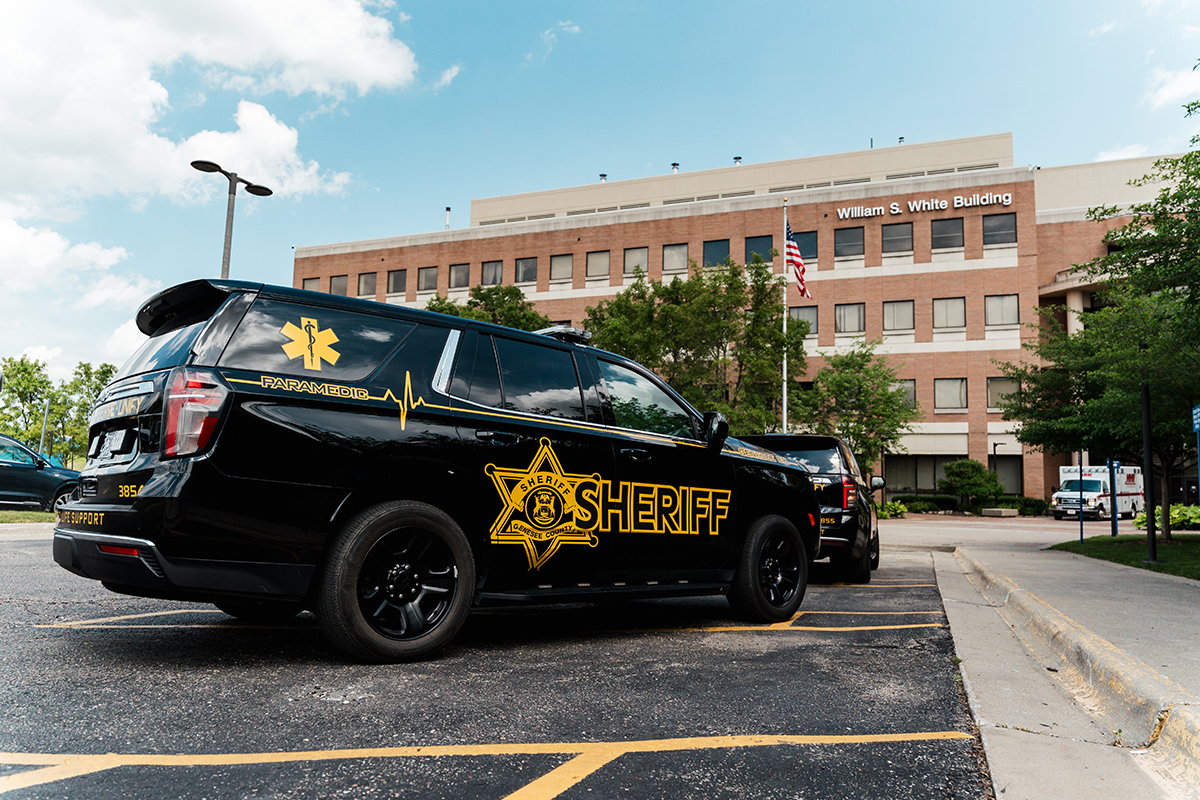 A Genesee County Sheriff vehicle parked outside of the William S. White Building