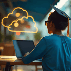 A photo from behind of a young african american woman sitting at a table in a coffee shop. She is wearing a graduation cap and looking at a laptop. there are neon cloud icons above her.