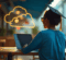 A photo from behind of a young african american woman sitting at a table in a coffee shop. She is wearing a graduation cap and looking at a laptop. there are neon cloud icons above her.