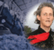 A headshot of Temple Grandin in western wear overlaid with a photo of cows eating on a farm.