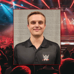 A headshot of Tomczyk in a WWE polo overlaid with a wrestling ring, crowd, and neon lights.