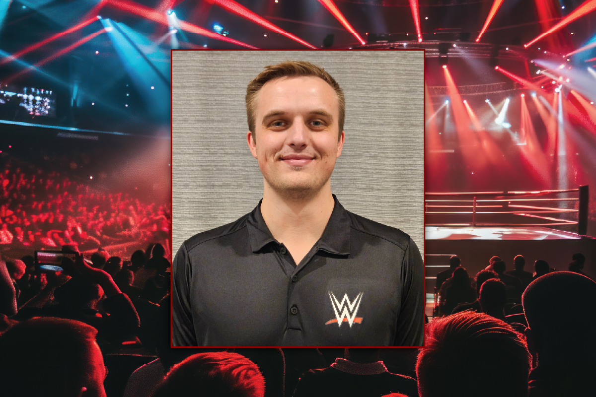 A headshot of Tomczyk in a WWE polo overlaid with a wrestling ring, crowd, and neon lights.