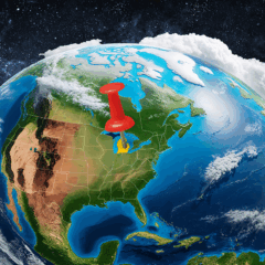 A satellite image of the globe and space focused on North America. A graphic of a map pin is centered on Michigan