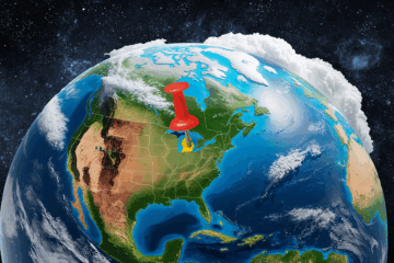 A satellite image of the globe and space focused on North America. A graphic of a map pin is centered on Michigan