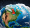 A satellite image of the globe and space focused on North America. A graphic of a map pin is centered on Michigan