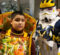 A young boy in a taco costume posing with the Wolverines Trooper, a star wars storm trooper with Michigan designs.