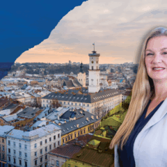 Julie Jacob, Occupational Therapy Director in front of Kviv.