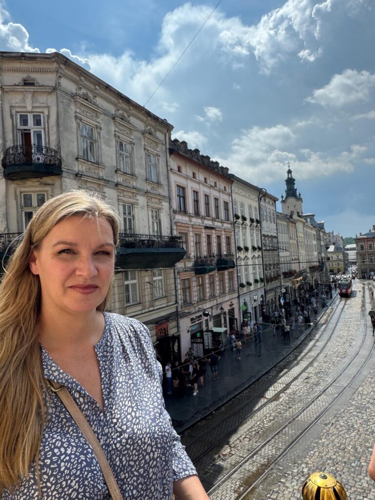Julie Jacob in Ukraine. Lviv, near the town square