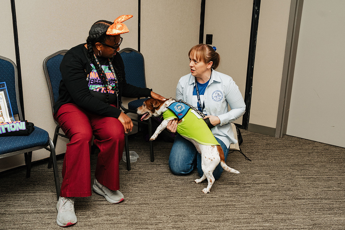 A person in a black shirt and red pants interacts with a dog wearing a green vest, while another person in a light blue shirt kneels beside them.