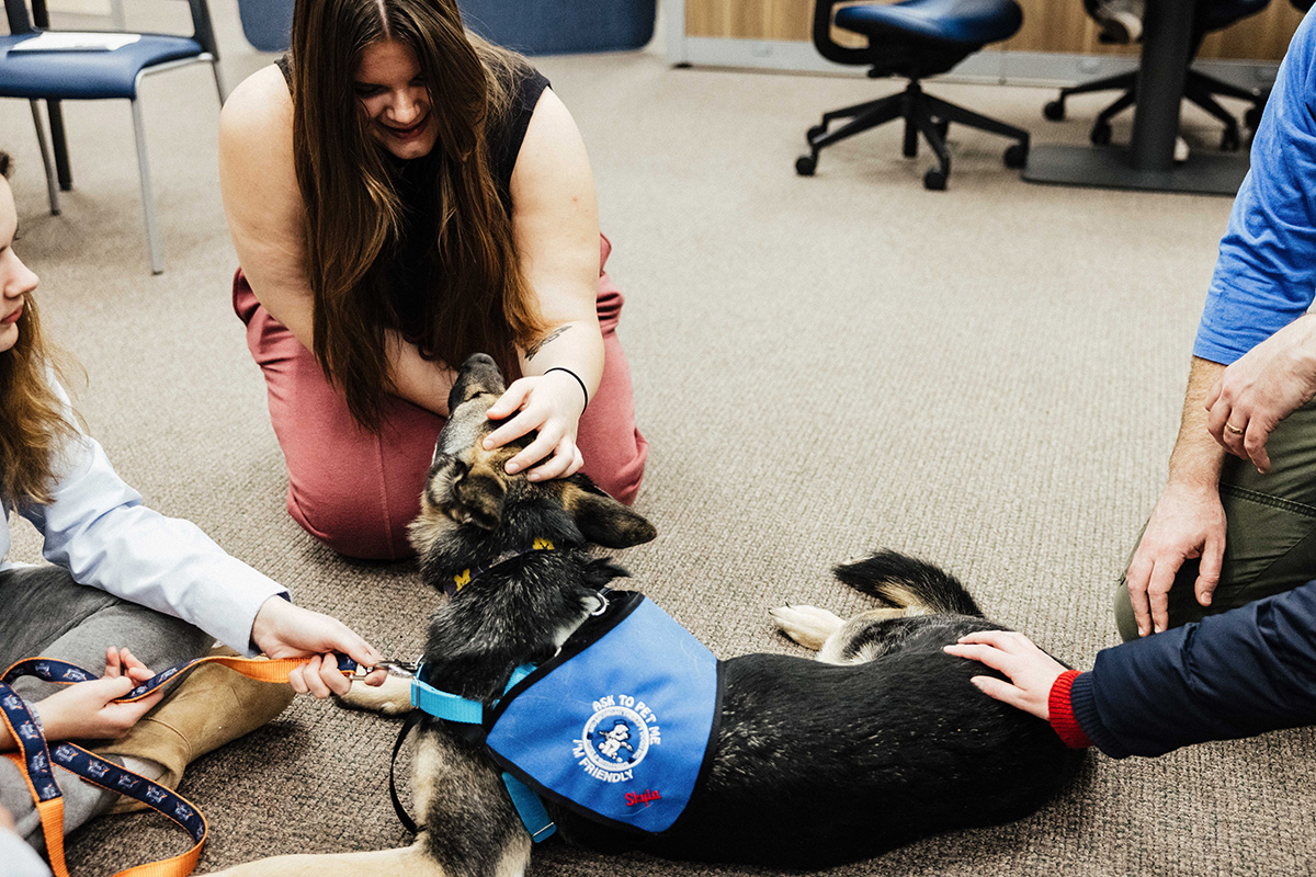 A group of people interacting with a friendly dog wearing a blue vest that says "ASK TO PET ME."