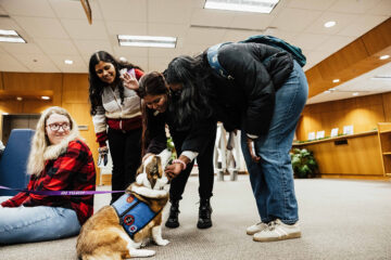 A group of people interacting with a friendly dog wearing a blue vest in a library setting.