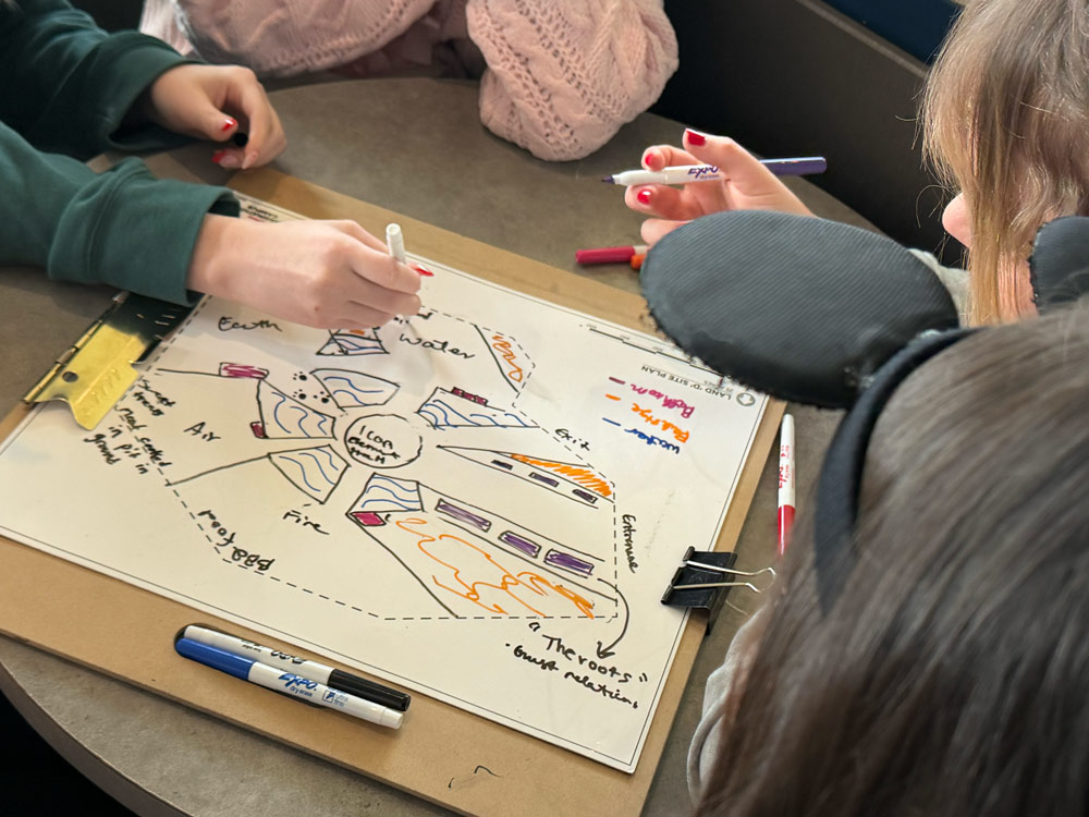A close-up of hands working on a colorful diagram labeled "Icon Earth," with sections for Earth, Water, Air, and Fire, surrounded by various notes and drawings.