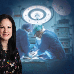 A person with long black hair wearing a floral blouse is positioned in the foreground, while two medical professionals in scrubs are performing surgery in the background.