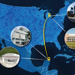 A map of North America and parts of Central America, featuring a blue geometric pattern. Four circular images show buildings: one labeled "UNICARIBE," another building in the northeast, a third in the southeast, and a fourth in the southwest. A yellow line connects the locations.