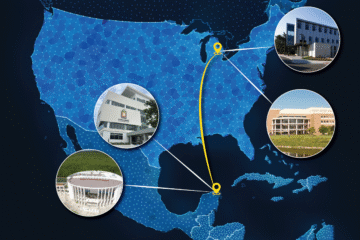 A map of North America and parts of Central America, featuring a blue geometric pattern. Four circular images show buildings: one labeled "UNICARIBE," another building in the northeast, a third in the southeast, and a fourth in the southwest. A yellow line connects the locations.