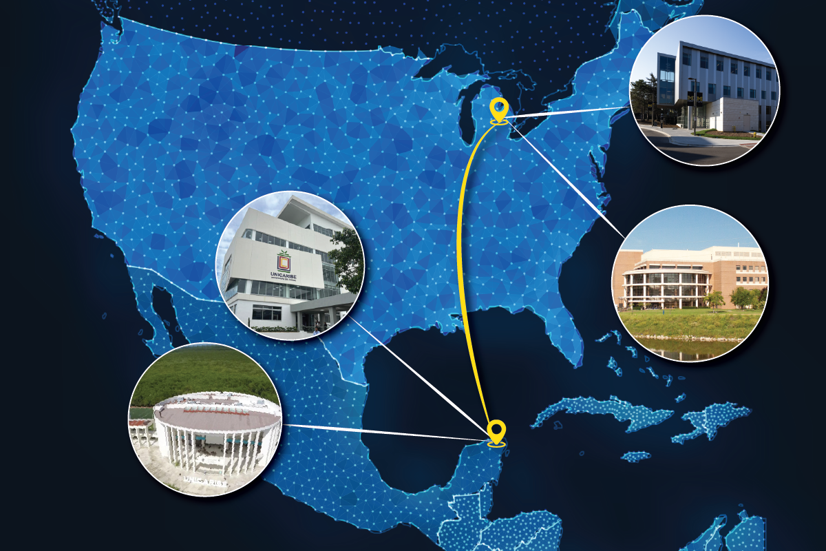 A map of North America and parts of Central America, featuring a blue geometric pattern. Four circular images show buildings: one labeled "UNICARIBE," another building in the northeast, a third in the southeast, and a fourth in the southwest. A yellow line connects the locations.