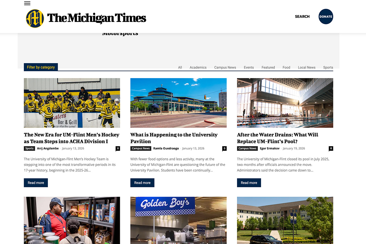 A webpage from The Michigan Times featuring articles on sports and campus news, including images of a hockey team, the University Pavilion, and a swimming pool.