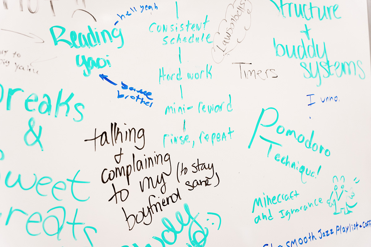 FLINT_Late Night in the Library 2026_0003 Whiteboard with various handwritten notes about productivity and coping strategies, including "consistent schedule," "hard work," "mini-reward," "Pomodoro Technique," "talking & complaining to my boyfriend (to stay sane)," and "structure + buddy systems."