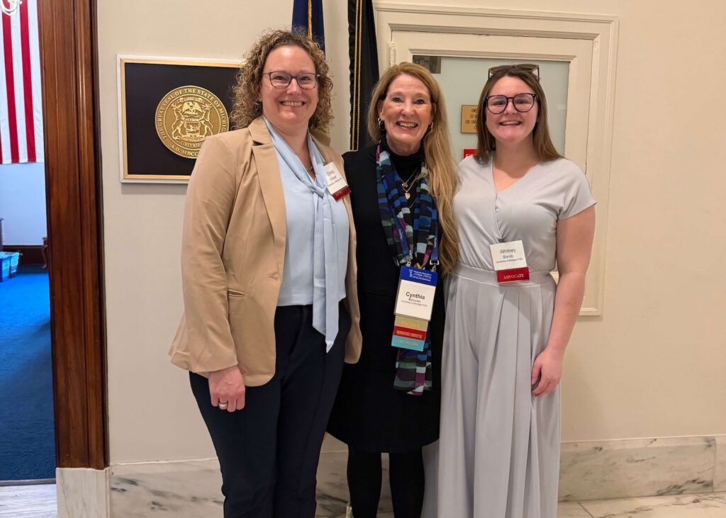 Blando, right, at the American Association of Colleges of Nursing 2026 Policy Summit. She is pictured with Cynthia McCurren (middle), dean of the School of Nursing, and Christie Conran, a UM-Flint MBA student with a concentration in health care management.