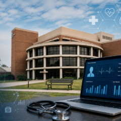 A laptop displaying patient health data and a stethoscope on a table outside a modern hospital building.