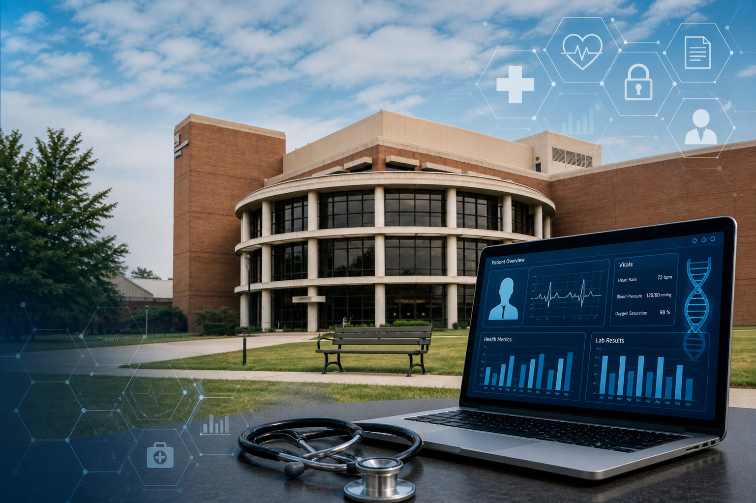 A laptop displaying patient health data and a stethoscope on a table outside a modern hospital building.