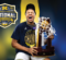 Person holding NCAA Men's Basketball National Champion trophy with 2026 Michigan logo in background.