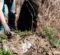 Person wearing gloves picking up trash outdoors with a black garbage bag.
